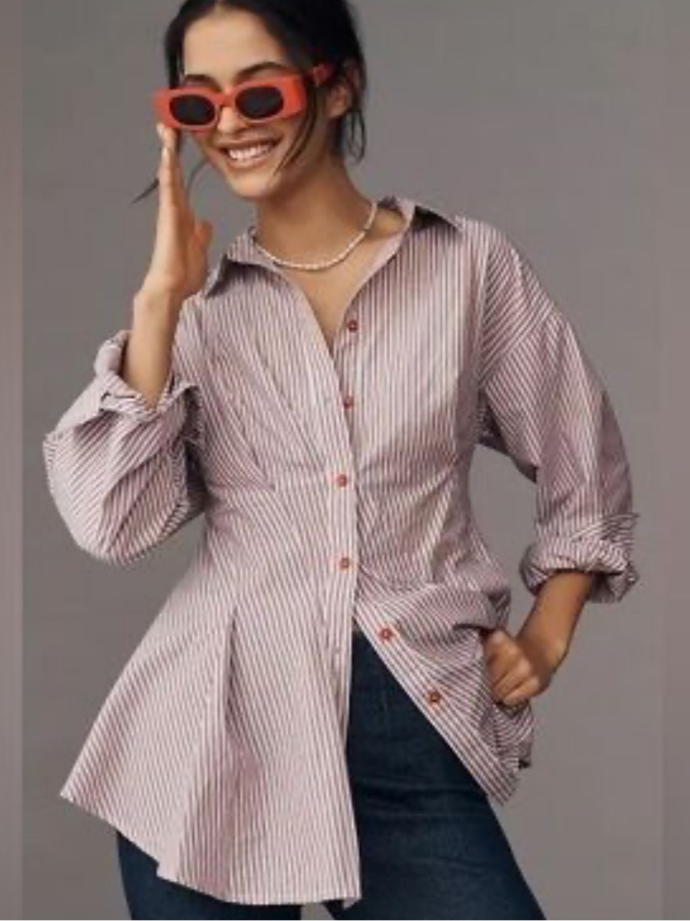 MAEVE by anthropology Long-Sleeve Waisted Buttondown striped Shirt size large - Picture 2 of 12